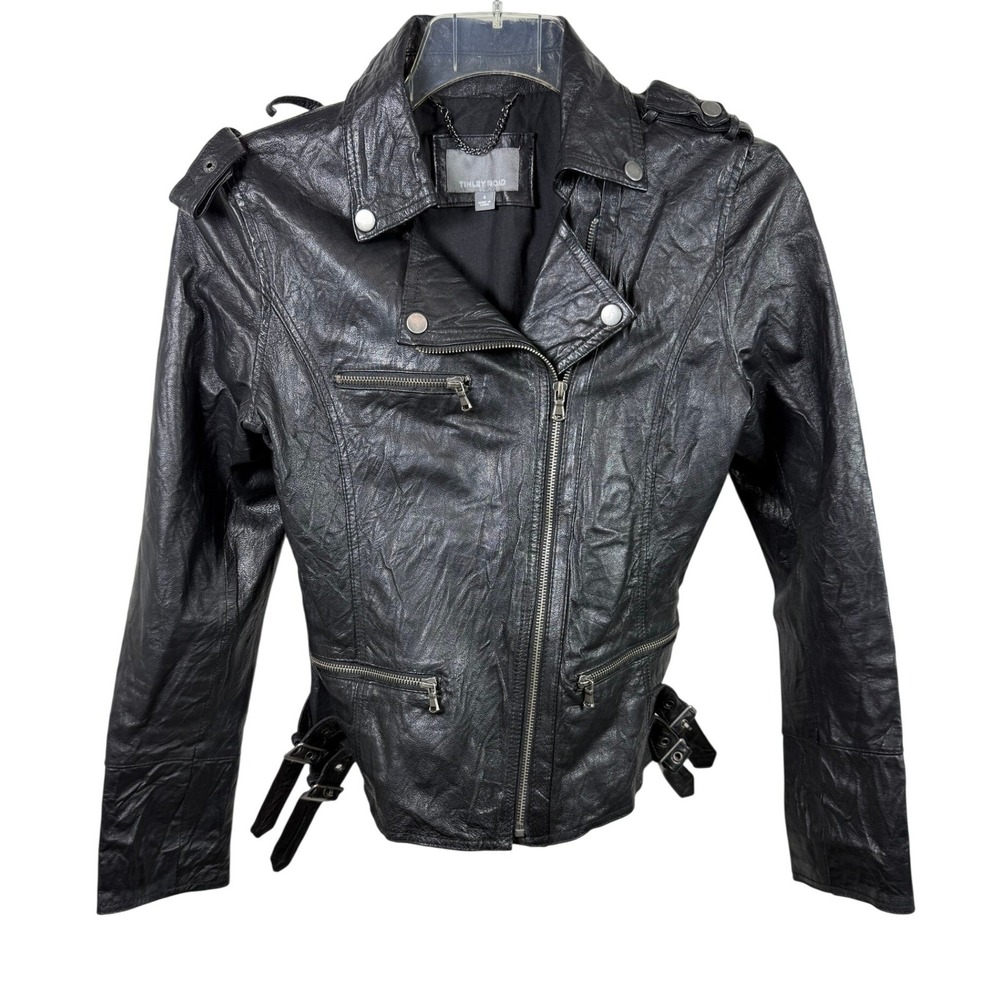 Tinley Road Womens Black Genuine Leather Moto Jacket Size S Asymmetrical Zip